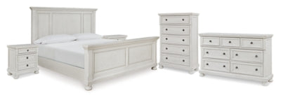Cama Queen Robbinsdale con paneles, tocador, cómoda y dos mesitas de noche