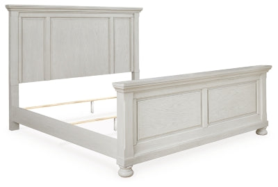 Cama Robbinsdale King con paneles, tocador, espejo, cómoda y dos mesitas de noche