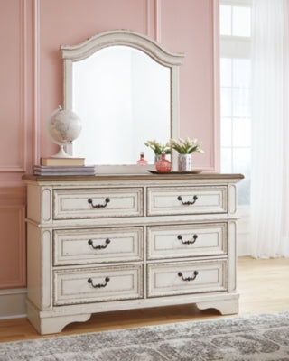 Cama doble con paneles, tocador, espejo, cómoda y mesita de noche Realyn