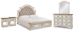Cama King con almacenamiento, tocador, espejo y dos mesitas de noche Realyn