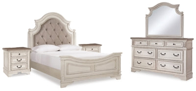 Cama Queen Realyn con paneles tapizados, tocador, espejo y dos mesitas de noche