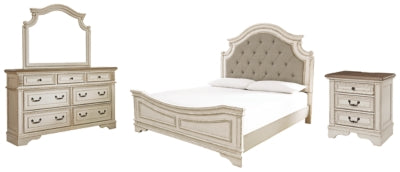 Cama King Realyn con tocador con espejo y mesita de noche