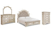 Realyn California King Upholstered Bed, Dresser, Mirror and Chest