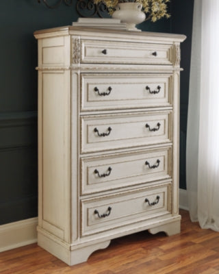 Realyn Queen Upholstered Panel Bed, Dresser, Mirror, Chest and 2 Nightstands