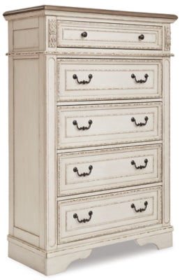 Realyn California King Upholstered Bed, Dresser, Mirror and Chest