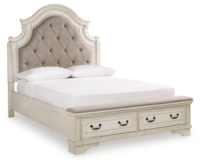 Cama tapizada Queen Realyn, tocador, espejo, cómoda y mesita de noche
