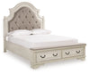 Cama tapizada Queen Realyn, tocador, espejo, cómoda y mesita de noche