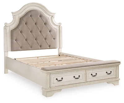 Cama tapizada Queen Realyn, tocador, espejo, cómoda y mesita de noche