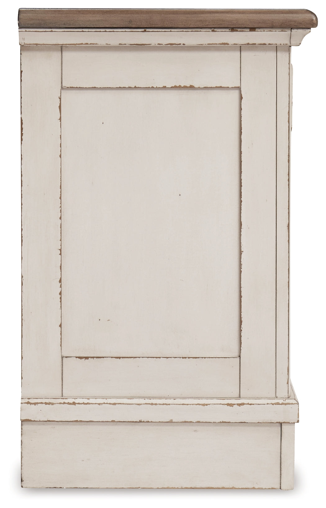 Cama de paneles completos Realyn, tocador, espejo, tocador de tres piezas y mesita de noche