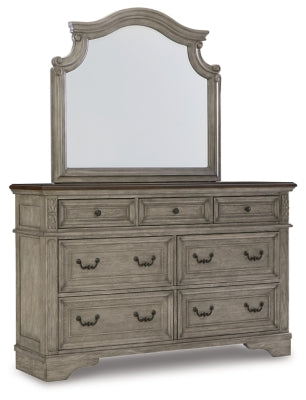 Cama King tapizada con paneles, tocador, espejo, cómoda y mesita de noche Lodenbay