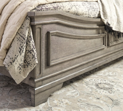 Cama Queen tapizada con paneles, tocador, espejo, cómoda y mesita de noche Lodenbay