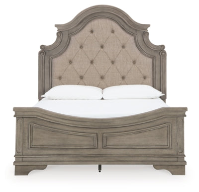 Cama Queen tapizada con paneles, tocador, espejo, cómoda y mesita de noche Lodenbay