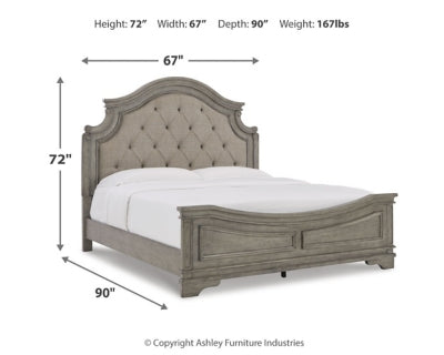 Cama Queen tapizada con paneles, tocador, espejo, cómoda y mesita de noche Lodenbay