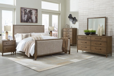 Roanhowe California King Upholstered Bed, Dresser and Mirror