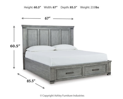Cama Queen Russelyn con almacenamiento, tocador, espejo, cómoda y dos mesitas de noche