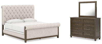 Cama tapizada Hillcott King, tocador y espejo