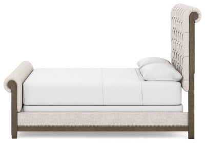 Cama tapizada Hillcott Queen, tocador y espejo