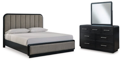 Cama con paneles tapizados, tocador y espejo Rowanbeck California King