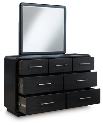Rowanbeck King Upholstered Panel Bed, Dresser and Mirror