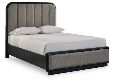 Cama Queen con paneles tapizados, tocador y espejo Rowanbeck