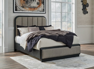 Cama Queen con paneles tapizados, tocador y espejo Rowanbeck