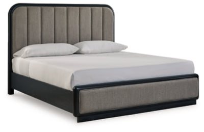 Cama King con paneles tapizados, tocador y espejo Rowanbeck