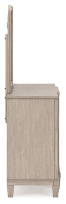 Jorlaina Queen Upholstered Panel Bed, Dresser and Mirror