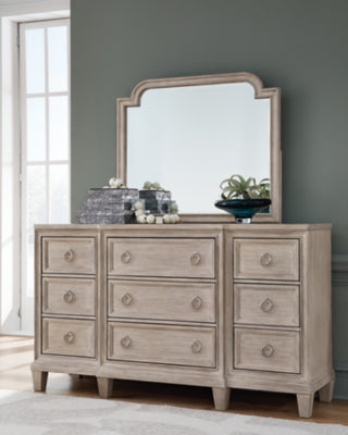 Jorlaina Queen Upholstered Panel Bed, Dresser and Mirror