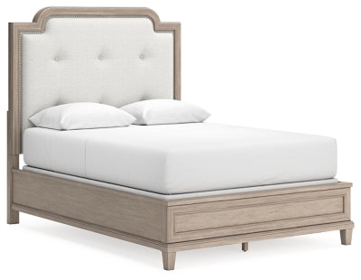 Jorlaina Queen Upholstered Panel Bed, Dresser and Mirror