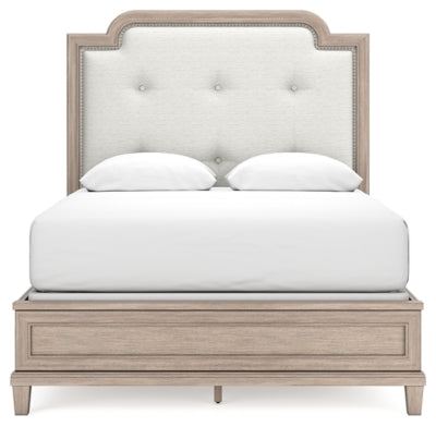 Jorlaina Queen Upholstered Panel Bed, Dresser and Mirror