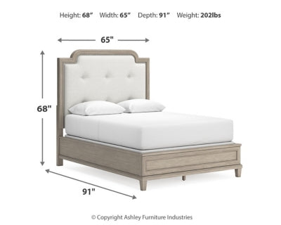 Jorlaina Queen Upholstered Panel Bed, Dresser and Mirror