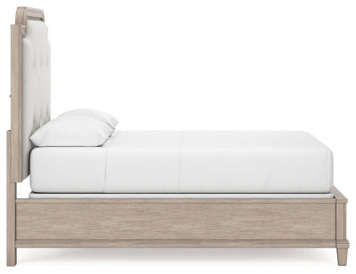 Jorlaina Queen Upholstered Panel Bed, Dresser and Mirror