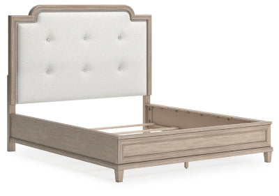 Jorlaina California King Upholstered Panel Bed, Dresser and Mirror