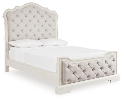 Cama Queen tapizada Arlendyne, tocador y espejo