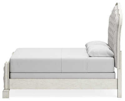 Cama Queen tapizada Arlendyne, tocador y espejo