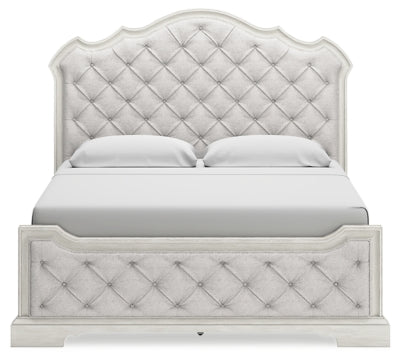 Cama Arlendyne King tapizada, cómoda y espejo