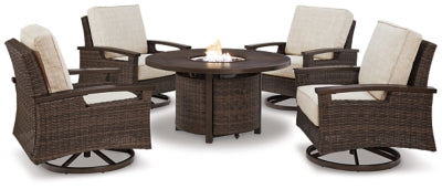 Paradise Trail Fire Pit Table with 4 Nuvella Swivel Lounge Chairs