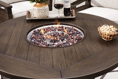 Paradise Trail Fire Pit Table with 4 Nuvella Swivel Lounge Chairs