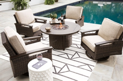 Paradise Trail Fire Pit Table with 4 Nuvella Swivel Lounge Chairs