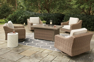 Beachcroft Fire Pit Table with Four Nuvella Swivel Lounge Chairs