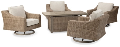 Beachcroft Fire Pit Table with Four Nuvella Swivel Lounge Chairs