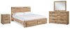 Cama Queen Hyanna con almacenamiento, tocador, espejo y mesita de noche