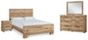 Cama Queen Hyanna con paneles, tocador, espejo y mesita de noche