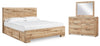 Cama Hyanna King con paneles, dos compartimentos laterales, tocador y espejo