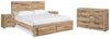 Cama Queen Hyanna con espacio de almacenamiento, cómoda y dos mesitas de noche