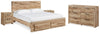 Cama Hyanna King con almacenamiento, cómoda y dos mesitas de noche