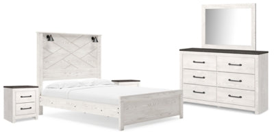 Cama Queen Gerridan con paneles, tocador, espejo y dos mesitas de noche