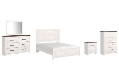 Cama Gerridan Queen con paneles, tocador, espejo, cómoda y mesita de noche