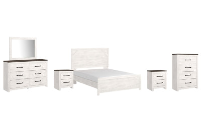 Cama Gerridan Queen con paneles, tocador, espejo, cómoda y dos mesitas de noche