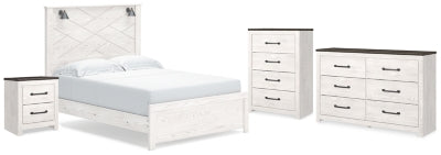 Cama Queen con paneles, cómoda, arcón y mesita de noche Gerridan